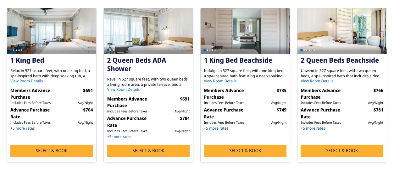 Cash rates for hotel rooms at the Park Hyatt St. Kitts